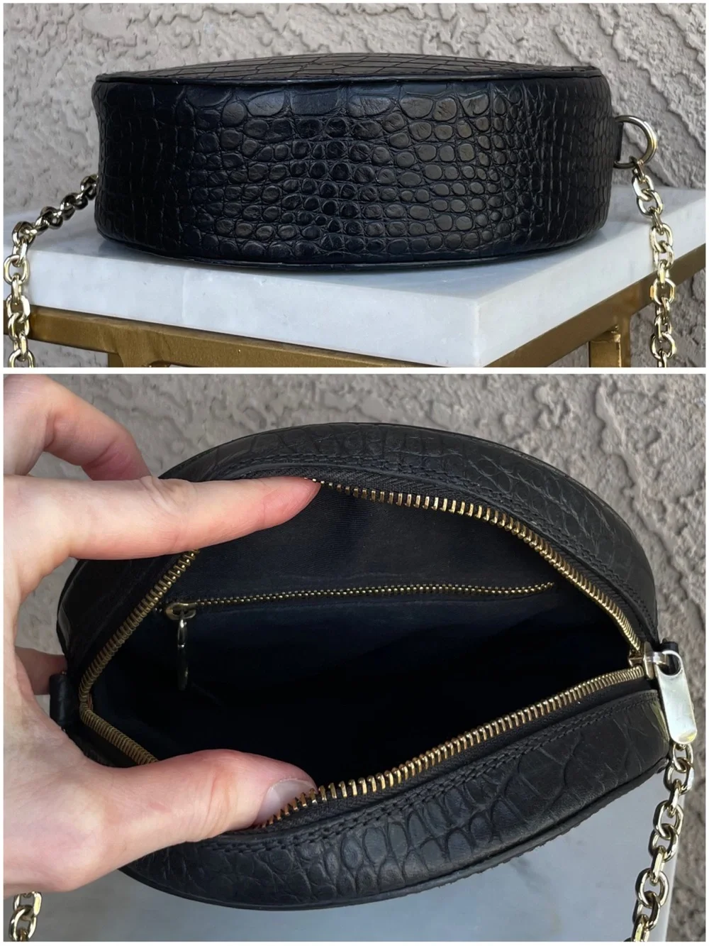 SEZANE Black Croc Embossed Leather Round Circle Crossbody Bag w/ Chain Strap